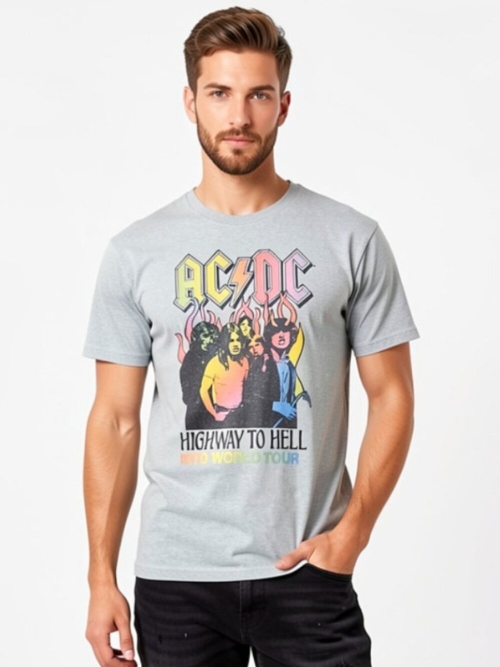 L💥AC/DC Collectible Multicolor 1979 "Highway To Hell" Short Sleeve Grey Tee